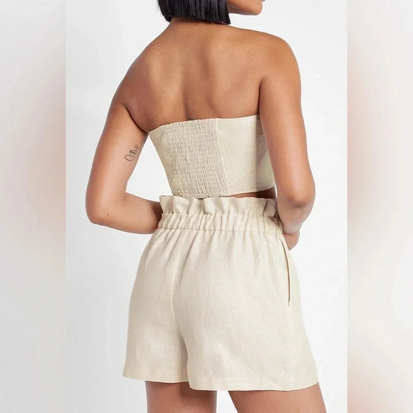 Express Sparkle Beige Linen Blend Tie Front Bandeau Top - Picture 6 of 8